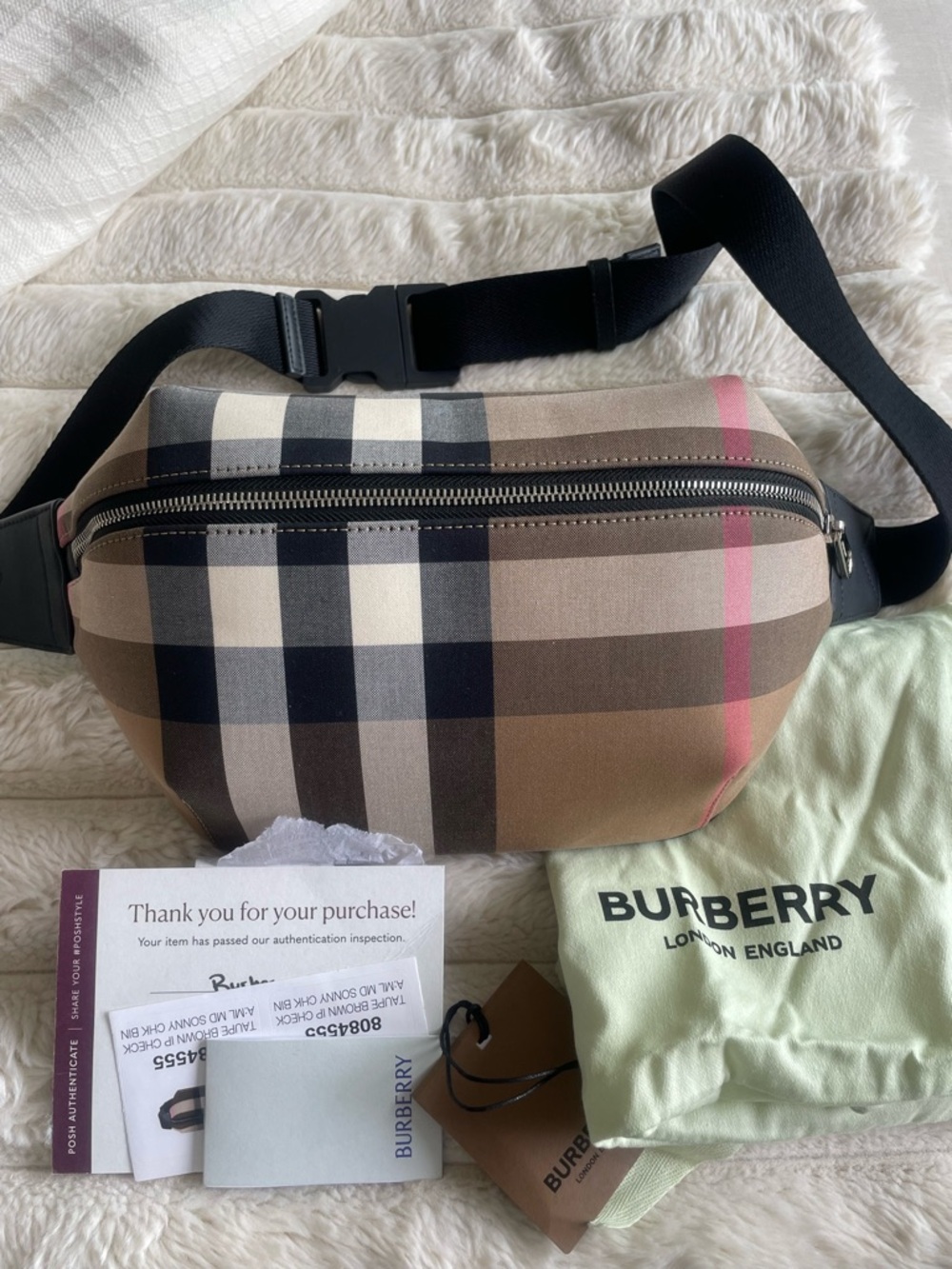 Burberry Checked Canvas Belt Bag in Black, Tan & Pink Accent